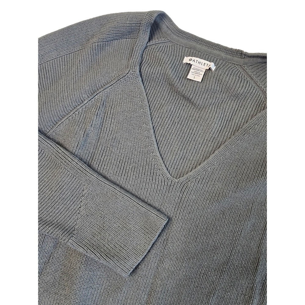 Athleta Hanover V Neck Sweater Large Gray Merino Wool Blend Ribbed Tunic Knit L